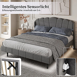 KOMHTOM Lit rembourré gris 160 * 200, velours avec lumière LED à détection de mouvement sous la tête de lit, matelas non inclus