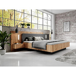 Vente-Unique Lit coffre avec chevets 140 x 190 cm - 2 tiroirs - Avec LEDs - Coloris : Naturel et anthracite + Matelas - FRANCOLI