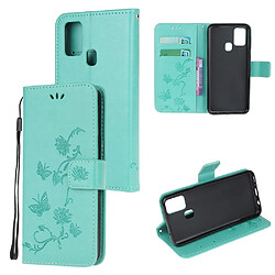 Etui en PU empreinte fleur de papillon avec sangle cyan pour votre Samsung Galaxy A21s