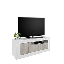 Alter Meuble TV de salon, Made in Italy, Buffet pour TV de salon avec 3 portes et étagères, cm 138x56h42, blanc brillant et couleur béton