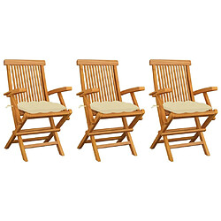 Maison Chic Lot de 3 Chaises de jardin,Fauteuil d'extérieur avec coussins blanc crème Teck massif -MN13094