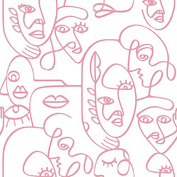 Noordwand Papier peint Friends&Coffee Line Art Faces Blanc et rose