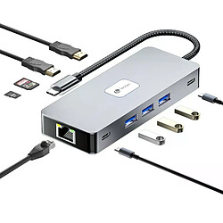 Adaptateur Leotec 10 en 1 USB-C vers 2xHDMI, 1xRJ45, 3xUSB-A 3.0, 1xUSB-C PD, 1xUSB-C, 1xTF/SD+1xMicroSD - Couleur Gris