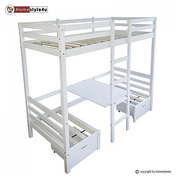 Homestyle4U Lit enfant mezzanine superposé blanc 90x200 pin massif bureau