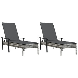 Avis vidaXL Chaises longues lot de 2 avec table et coussins gris poly rotin