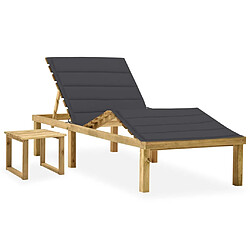 Helloshop26 Transat chaise longue bain de soleil lit de jardin terrasse meuble d'extérieur 200 x 70 x (31,5-77) cm avec table et coussin pin imprégné 02_0012672