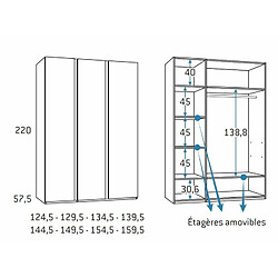 Inside 75 Armoire finition chêne blanchis 3 portes longues poignée New Perfil droite 124,5 x 57,5 x 220 cm