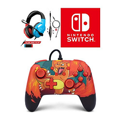 Power A Manette filaire SWITCH Pokémon Charizard Vortex Officielle Nintendo avec Câble USB détachable+ CASQUE SWITCH ROUGE ET BLEU