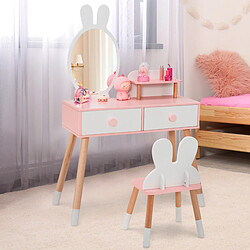 Helloshop26 Coiffeuse enfant avec chaise et miroir en forme lapin table de maquillage 2 tiroirs et étagère en bois blanc 20_0008322