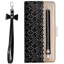 Etui en PU fermeture éclair de peau de fleur de dentelle noir pour votre Xiaomi Redmi Note 9S/Note 9 Pro/Note 9 Pro Max