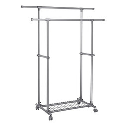 Helloshop26 Portant double barre porte-vêtements mobile extensible entre 87 à 150 cm avec roulettes et étagère de rangement capacité de charge 70 kg pour manteaux écharpes gris 12_0003488