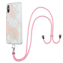 Coque en TPU 2,0mm, électroplaqué IMD double face, épissage motif marbre avec lanière rose/blanc pour votre Xiaomi Redmi 9A