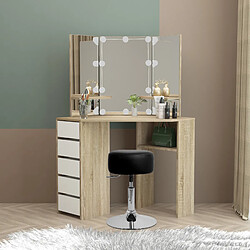 ML DESIGN MODERN LIVING Table de maquillage en MDF sonoma coiffeuse avec miroirs et LEDs + tabouret noir