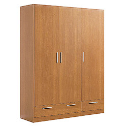 Pegane Armoire / placard de rangement de 3 portes + 2 tiroirs coloris Merisier - longueur 152 x profondeur 51 x hauteur 200 cm