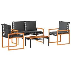 vidaXL Salon de jardin 4 pcs avec coussins Noir Résine tressée