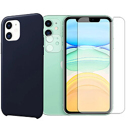 Protection intégrale Verre Trempé pour iPhone 11 + Verre Trempé Caméra Arrière + Coque souple silicone Bleu Marine - Visiodirect -