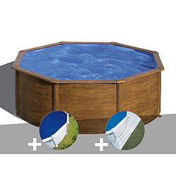 Kit piscine acier aspect bois Gré Pacific ronde 3,70 x 1,22 m + Bâche à bulles + Tapis de sol