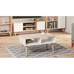 Alter Table basse de salon, Table Magazine avec 2 étagères et pieds, style Scandi, 55x90h55 cm, coloris Blanc et Chêne