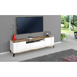 Alter Meuble TV de salon, Made in Italy, meuble TV avec 2 portes et 1 tiroir, cm 160x40h47, blanc brillant et érable