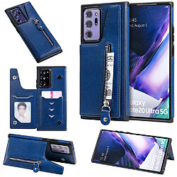 Coque en TPU + PU nouveau revêtement anti-goutte avec porte-carte extérieure et pochette à fermeture éclair bleu pour votre Samsung Galaxy Note 20 Ultra/Note 20 Ultra 5G