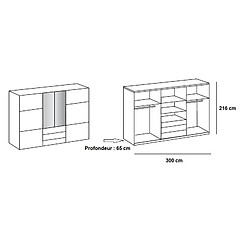 Inside 75 Armoire de rangement coulissante MARITA verre blanc 2 miroirs 3 tiroirs L 300 H 216 cm