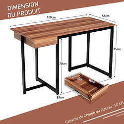 Acheter Helloshop26 Bureau d'ordinateur 120cm tiroir cadre en métal repose-pieds réglables bureau moderne station de travail pour ordinateur portable noyer 20_0004830