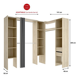 Avis Pegane Kit armoire dressing d'angle extensible en bois mélaminé coloris chêne naturel - Longueur 164-234 x Profondeur 141 x Hauteur 205 cm