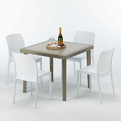 Grand Soleil Table carrée beige + 4 chaises colorées Poly rotin synthétique Elegance, Chaises Modèle: Boheme Blanc