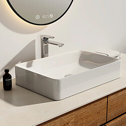 EMKE Lavabo rectangulaire en céramique, Vasque à Poser en céramique, blanc brillant - 59,5 x 39,5 x 12 cm