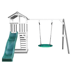 AXI Beach Tower Aire de Jeux avec Toboggan en VERT, Balançoire Nid d'oiseau VERT & Bac à Sable | Grande Maison Enfant extérieur en Gris & BLANC | Cabane de Jeu en Bois FSC