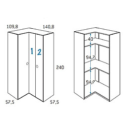 Inside 75 Armoire d'angle équerre porte droite pliante 140,8 x 240 cm finition chêne blanchis intérieur double