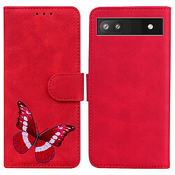 Etui en PU fermeture magnétique, anti-rayures, motif papillon avec support, rouge pour votre Google Pixel 6a