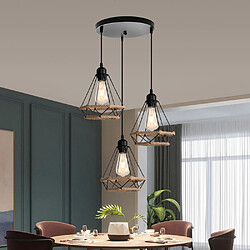 Stoex Plafonnier D'Intérieur Rétro Noir Suspension Luminaire en Corde de Chanvre 20CM Lustre Diamant 3 Lumières Suspension Lustre Vintage en Métal