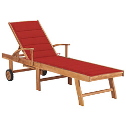 Helloshop26 Transat chaise longue bain de soleil lit de jardin terrasse meuble d'extérieur avec coussin rouge bois de teck solide 02_0012503