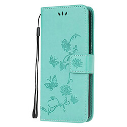 Etui en PU empreinte fleur de papillon avec sangle cyan pour votre Samsung Galaxy A21s