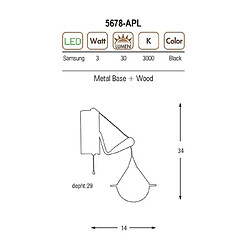 HOMEMANIA Lampe Murale Abi Applique - à Cône - Noir, Bois en Métal, 14 x 29 x 34 cm, 1 x LED, Max 5W, 3000K, 500LM Lumière Blanc Naturel