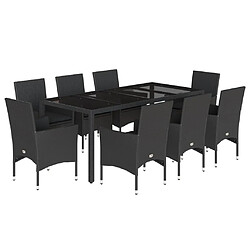 vidaXL Ensemble à manger de jardin et coussins 9 pcs noir rotin verre