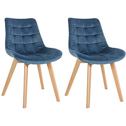 Decoshop26 Lot de 2 chaises de salle à manger design scandinave coutures carrées en velours bleu pieds en bois clair 10_0001678