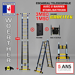 Escabeau-échelle télescopique Woerther 3m80/1m90 double barre stabilisatrices - Plus housse et sac à outils - Qualité supérieure - Garantie 5 ans