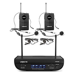 Vonyx WM82B Digital Set de micros sans fil 2 canaux UHF - Récepteur + 2 micros-casques + 2 micros-cravate - Portée 50 m