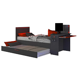 Vente-Unique Lit gigogne gamer 90 x 200 et 90 x 190 cm - Avec bureau - LEDs - Anthracite et rouge + Matelas + Sommier - VOUANI pas cher