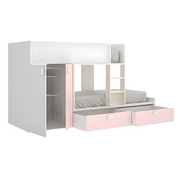 Vente-Unique Lits Superposés 2 x 90 x 190 cm - Armoire intégrée - Blanc, naturel et rose - JUANITO pas cher