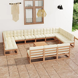 vidaXL Salon de jardin 14 pcs avec coussins Marron miel Bois de pin