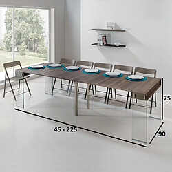 Inside 75 Table console extensible 45 à 270 cm STEF XL 10 couverts piétement verre clair plateau noyer