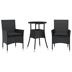 vidaXL Ensemble à manger de jardin et coussins 3 pcs noir rotin verre