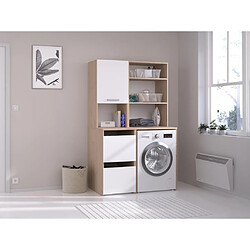 Vente-Unique Meuble pour machine à laver avec étagères et placards - Naturel clair et blanc - L111 x H184 cm - ERKANO