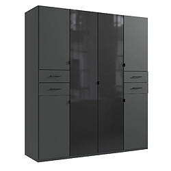 Pegane Armoire, meuble de rangement coloris Graphite et des fronts de porte en verre noir - Longueur 180 x Hauteur 208 x Profondeur 58 cm