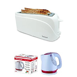 Techwood BOUILLOIRE BLANCHE ROUGE 1,6 Litre 2200W Sans Fil Design + GRILL PAIN BLANC 2 longues et larges fentes 1300W 