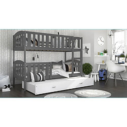 Kids Literie Lit Superposé 3 Places Teo 90x190 Gris - blanc Livré avec sommiers, tiroir et matelas en mousse de 7cm