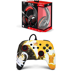 Power A Pack Manette SWITCH Filaire Nintendo Pokémon Pikachu Meowth Officielle + Casque Gamer PRO H3 Rouge SPIRIT OF GAMER SWITCH